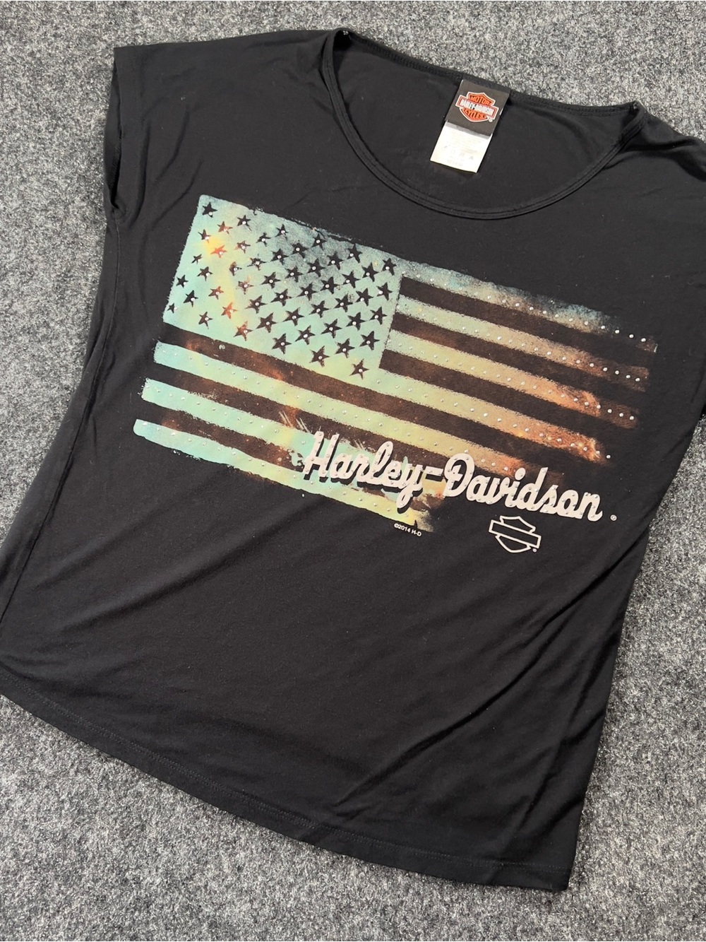 Harley Davidson Womens M Black American Flag Rhinestone Graphic Tee